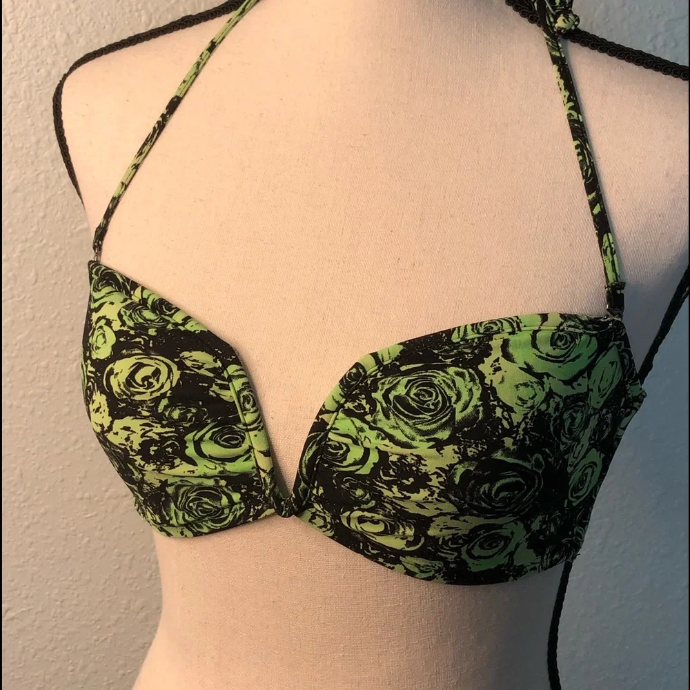 💜💜 Green and Black Floral Bikini Top Lightly Padded Size M